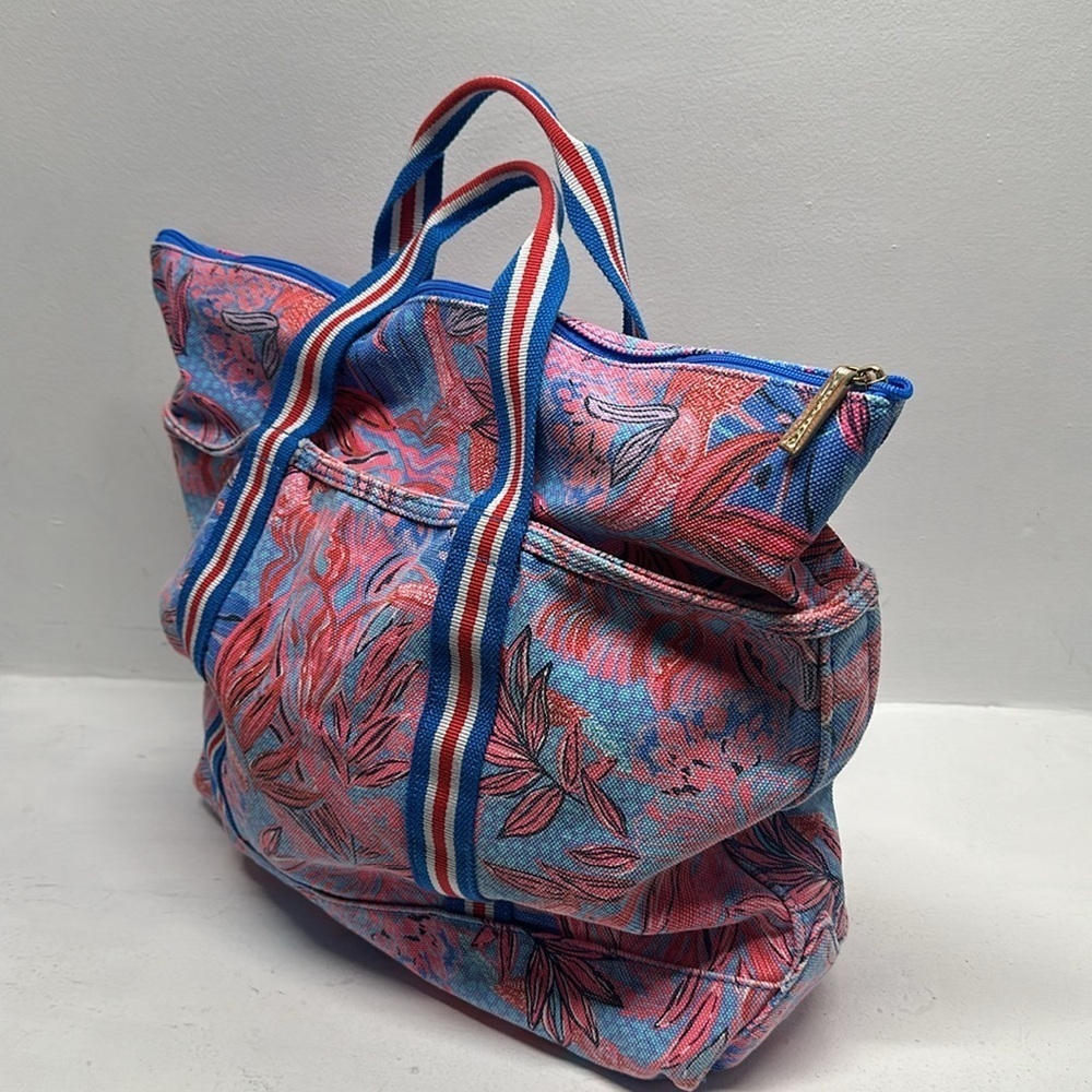 Lilly Pulitzer Mercato Tote Bag Shoulder Strapas Floral Ruby Red Wild Times Blue - Picture 6 of 10
